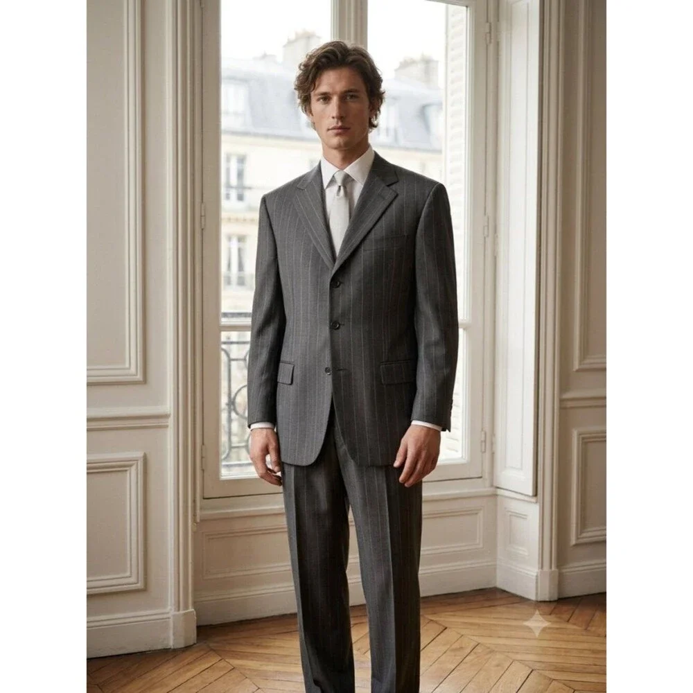 Milano Moda Men's Gray Pinstripe Blazer and Trousers Suit 46L/42x30